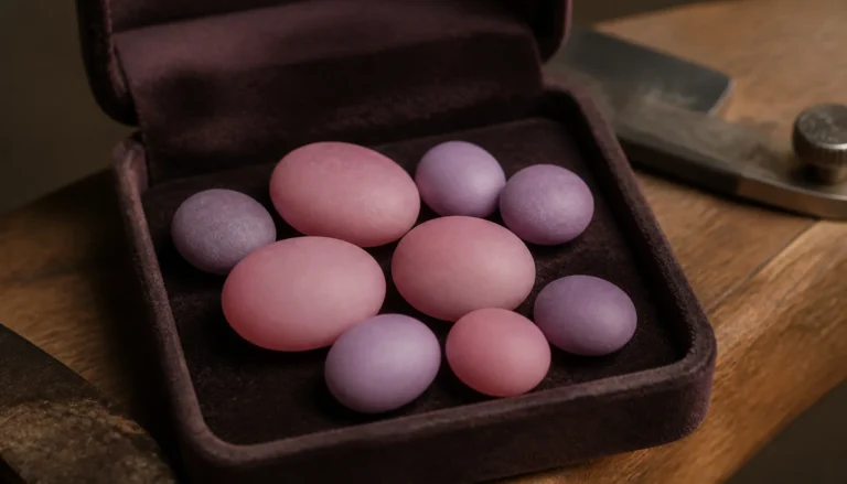 A handful of matte pink and lavender-purple opal cabochons resting in an open velvet ring box on a wooden workbench, showing smooth chalky body color with no iridescent play-of-color flecks.