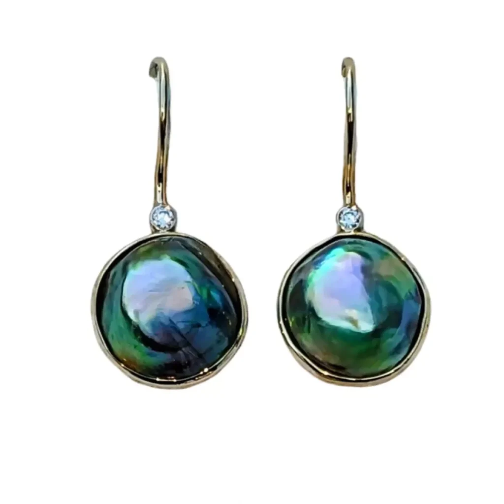 Abalone pearl drop earrings on gold French wires with single diamond accents