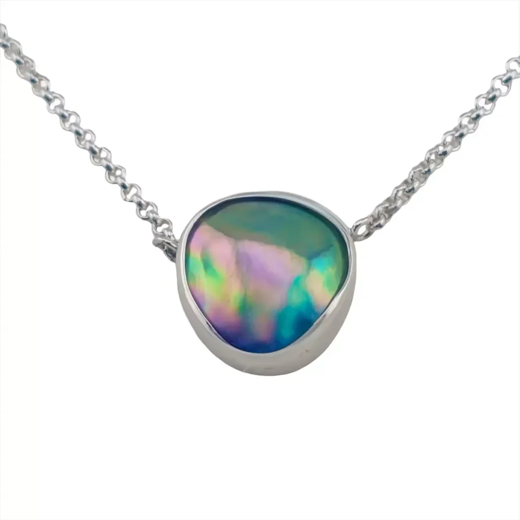 Abalone pearl necklace in a polished silver bezel on a rolo chain