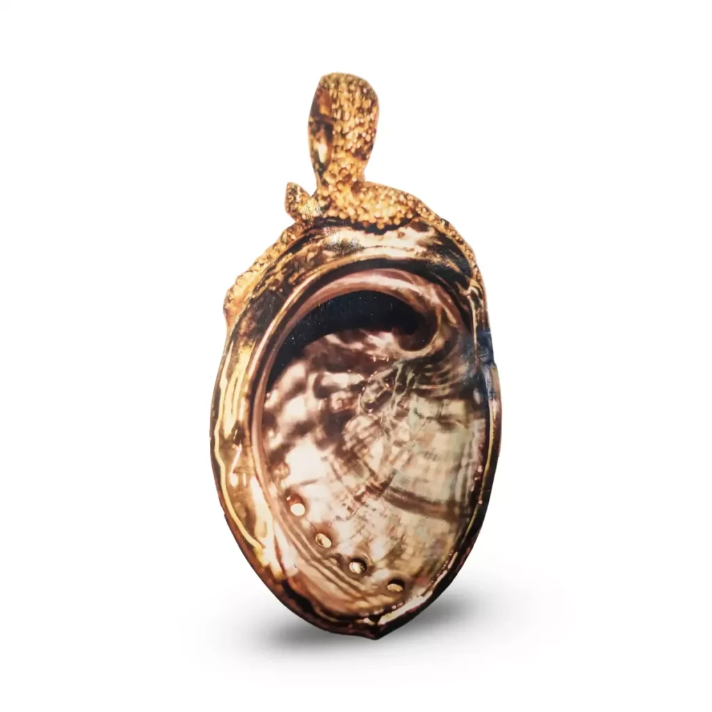 Abalone shell pendant showing the mother of pearl interior, with a nugget-textured gold bail