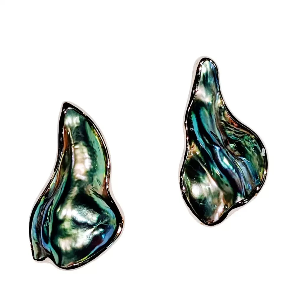 Free-form abalone shell stud earrings in silver bezels