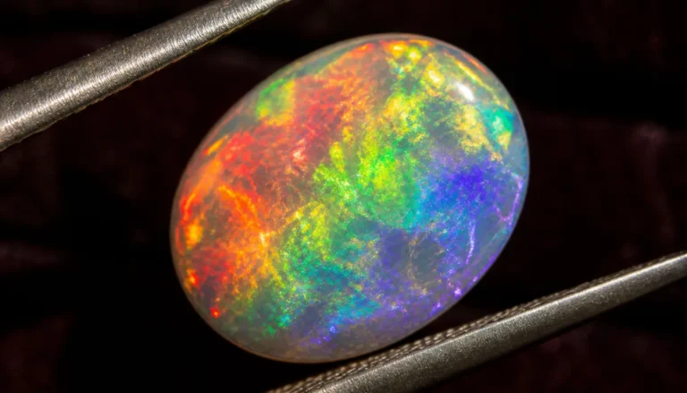 A single opal cabochon held with jeweler's tweezers in extreme close-up over dark velvet, angled directly into a shaft of warm light so its surface shows a full sweep of red, orange, green, and violet play-of-color at once.