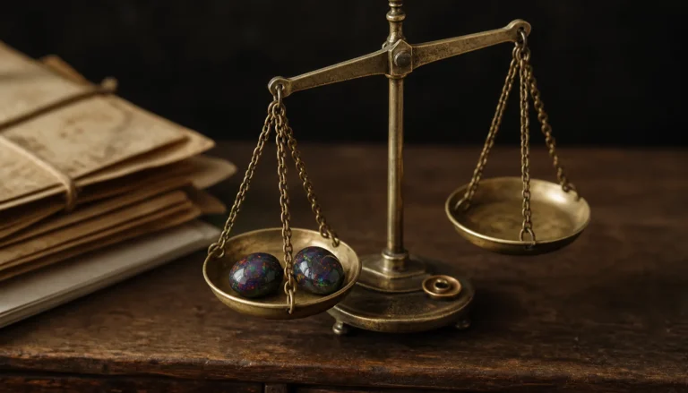 A small antique brass balance scale on a dark wooden workbench, two black opal cabochons resting in one pan showing deep body tone and bright red and green play of color, loose parcel papers stacked beside it, lit warmly from the side with a softly blurred background.