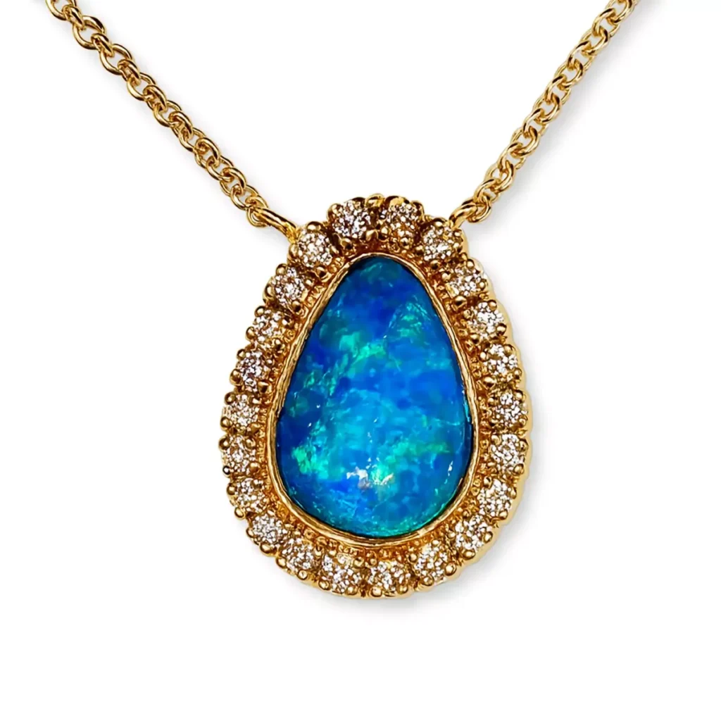Blue opal pendant framed by a diamond halo on a gold cable chain