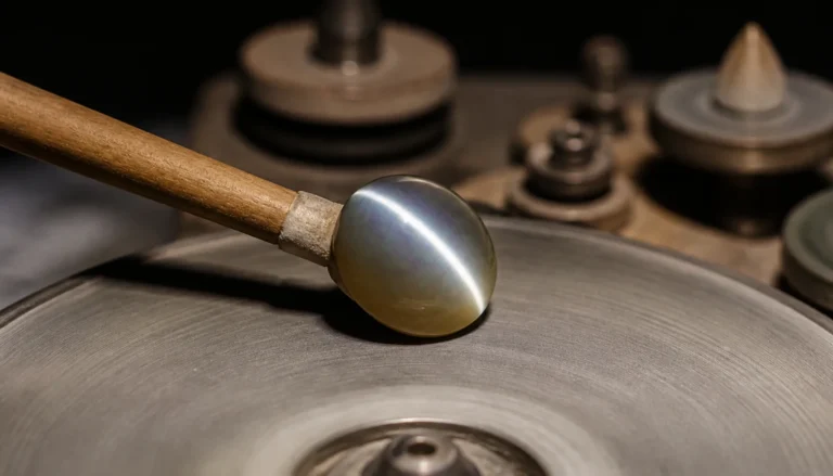 A single polished cat's-eye opal cabochon mounted on a wooden dop stick and resting across a lapidary wheel, a sharp diagonal band of white light crossing the dome of the stone, lit warmly from the side with jeweler's tools blurred in the background.