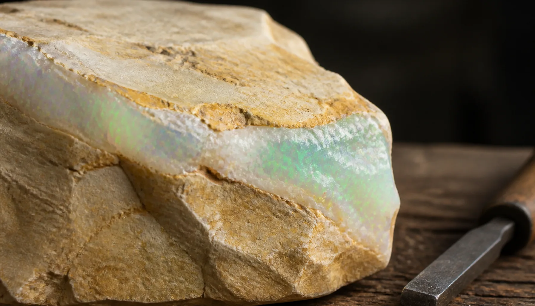 A slab of pale sandstone matrix with a bright white and green opal seam running diagonally through it, shown in extreme close-up on rough sawn timber with a small chisel at the edge of frame, lit warmly from the side against a soft dark background.