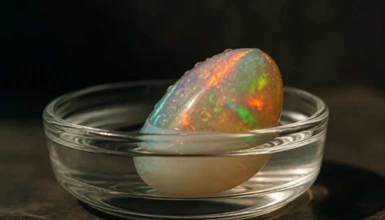 A polished Ethiopian opal cabochon resting half submerged in a small glass dish of water on a dark surface, water droplets beading on the exposed half, the wet portion of the stone turned milky white against the clear, colorful dry portion, lit warmly from the side.