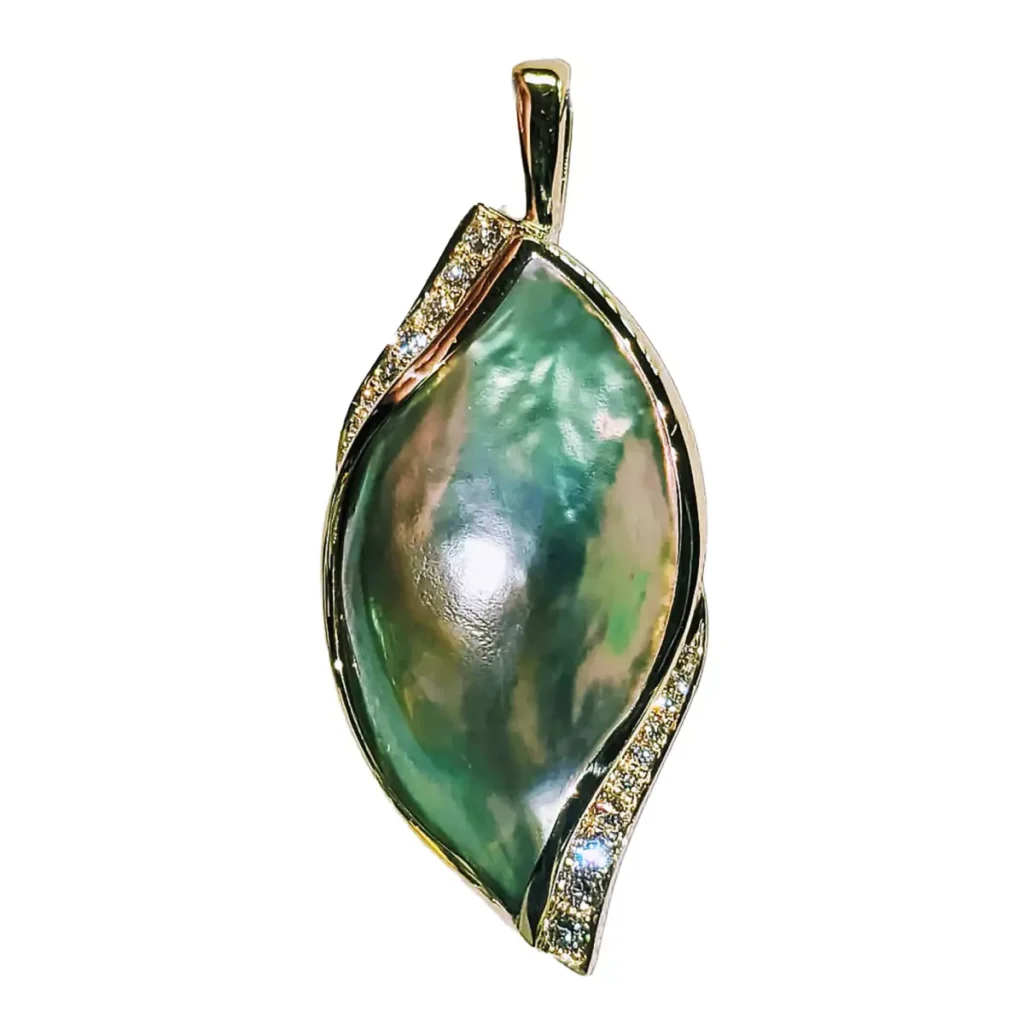 Marquise abalone mabe pearl pendant in gold with curved diamond accents
