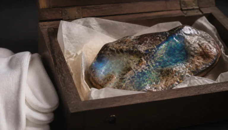 A large uncut rough opal boulder specimen resting on acid-free tissue paper inside an open wooden specimen box, viewed at a low three-quarter angle with a pair of folded white cotton archival gloves beside it, lit warmly from the side against a plain dark background.